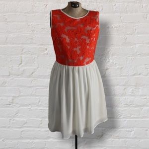 Katia Ivory Orange Lace Sheer Layered Full A-line Sleeveless Above Knee Dress